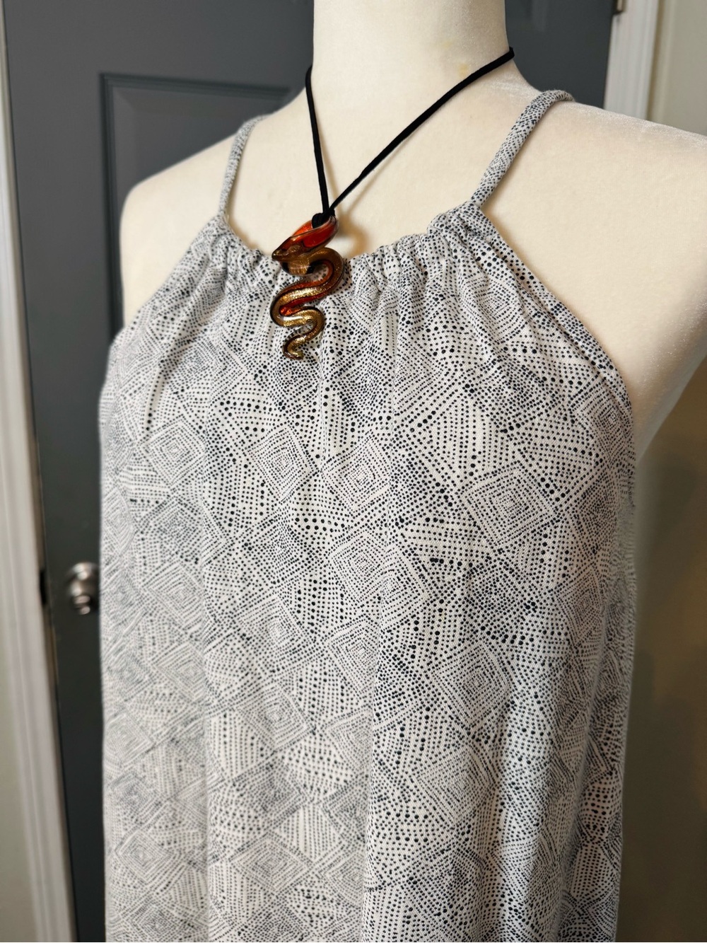 Geometric Print Halter Shift Dress Grey White Pockets Linen Blend Boho Med